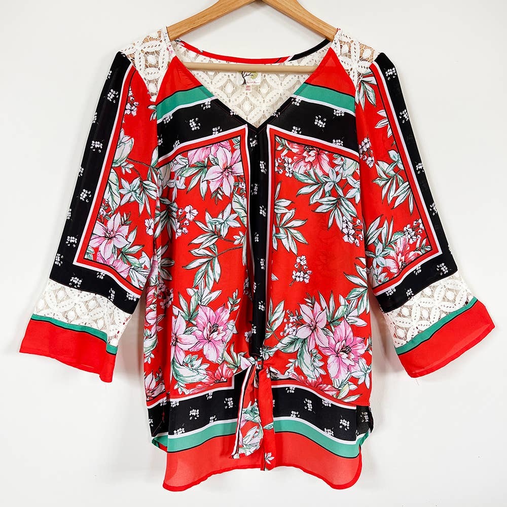 Fig & Flower Peasant Boho Tie Front Lace Back Tunic Long Sleeve MEDIUM
